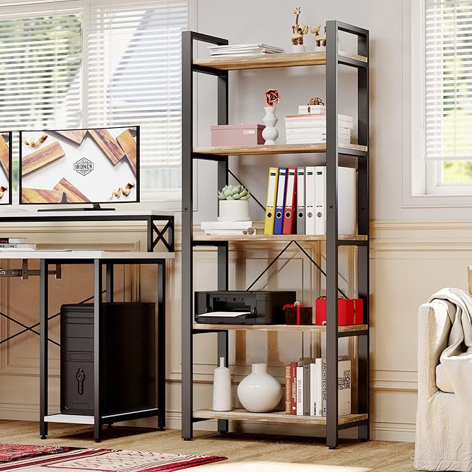 IRONCK Bookshelf 5-Tier Ladder Shelf 110 lbs Shelf Vintage Industrial Style Bookcase for Home Decor, Office Decor