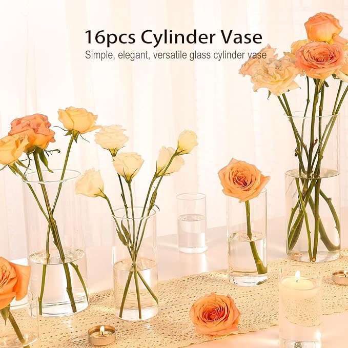 16 Pack Glass Cylinder Vases 4, 6, 8, 10 Inch Tall Clear Flower Vases for Table Centerpieces Wedding Decoration, Hurricane Floating Candle Holder for Party Home Decor