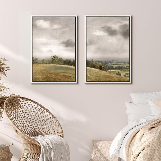 MUDECOR Framed Canvas Print Wall Art Gentle Hills and Distant Storm Tranquil Pastoral Nature Wilderness Illustrations Realism Decorative Scenic for Living Room, Bedroom, Office - 16"x24"x2 White