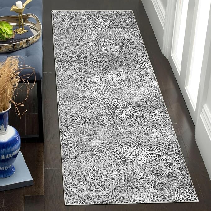 vivorug Runner Rug 2'x8' Machine Washable Non-Slip Runners for Hallways Kitchen Entryway Laundry Room Vintage Medallion Carpet Hallway Runner Grey