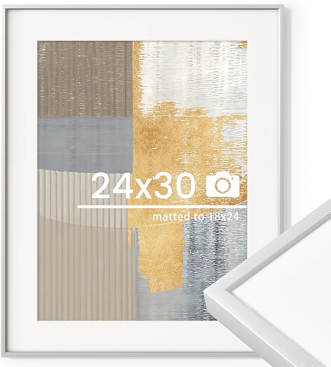 24x30 inch Metal Poster Frame - 24 x 30 Thin Aluminum Picture Frames Matted for 18x24 Photos, Artworks, Prints, Puzzle - High Definition Plexiglass - Vertical and Horizontal Display - Wall Hook Hanging Hardware Included - Silver, Set of 1