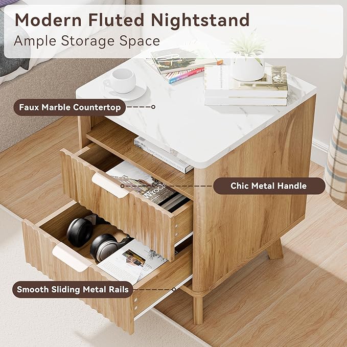 Fluted Nightstand with 2 Drawers, 18" Modern Bed Night Stand with Faux Marble Top, Open Storage Shelf, Curved Edge Bedside Table for Bedroom, Living Room End Side Table, Natural Oak