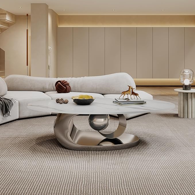 Modern Oval Sintered Stone Coffee Table, 49.2" White and Silver Rectangle Coffee Table with Faux Marble Top & Golden Geometric Stainless Steel Base, Rectangle Tea Center Table for Living Room