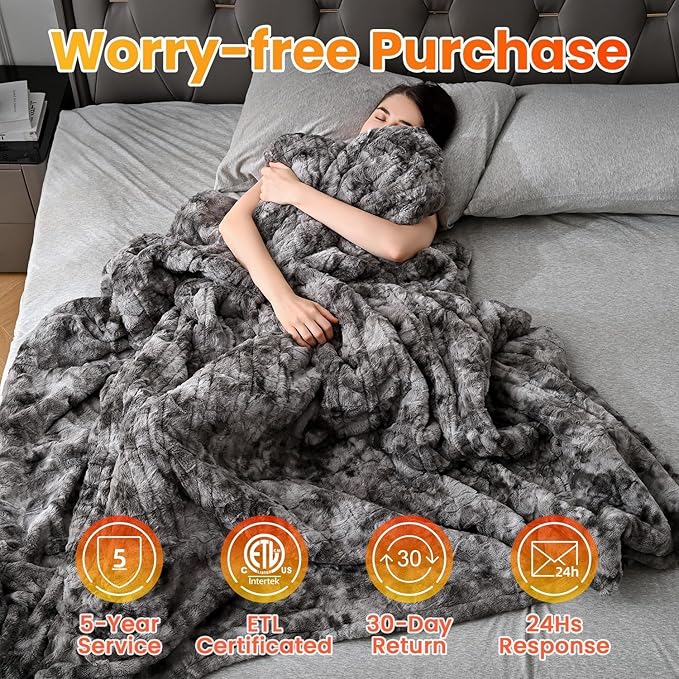 WOOMER Heated Blanket Full Size Electric Blanket 77"x 84", Soft Faux Fur Fast Heating Blanket, 10 Heating Levels & 0.5-12H Auto Off, Over-Heat Protection, ETL Certification