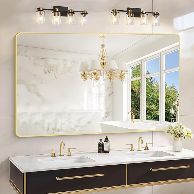 55x36 Inch Gold Bathroom Mirror, Metal Framed Large Rectangle Mirror, Rounded Rectangular Vanity Mirror, Wall Mounted Mirror for Over Sink Living Room Bedroom Entryway Horizontal/Vertical