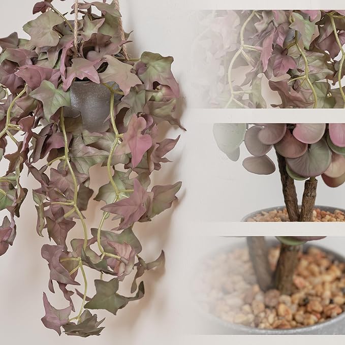 Fake Hanging Plant with Pot, 2 Pack Small Artificial Plants in Pot and Mini Faux Ivy Vines Hanging Plants for Shelves, Greenery Decor for Livingroom Room Wall Office Desk (Brown)