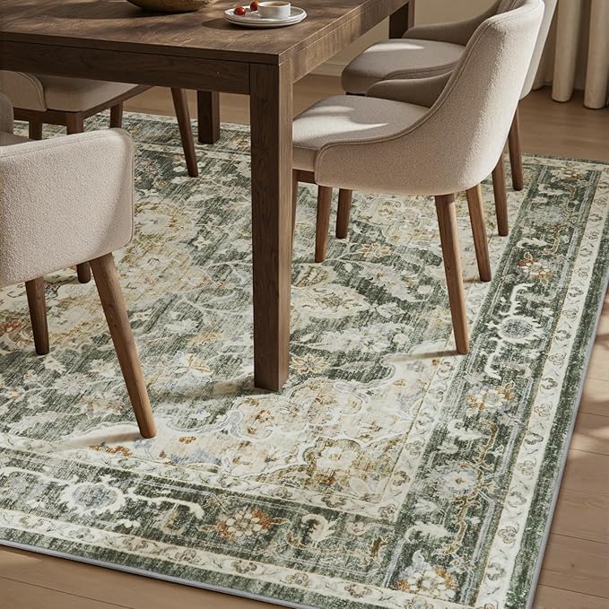 PADOOR-Vintage Area Rug 6X9 Rugs for Living Room-Soft Olive Green Rugs for Bedroom-Machine Washable Rugs Non Slip Carpet-Rug for Dining Room Living Room Bedside Office