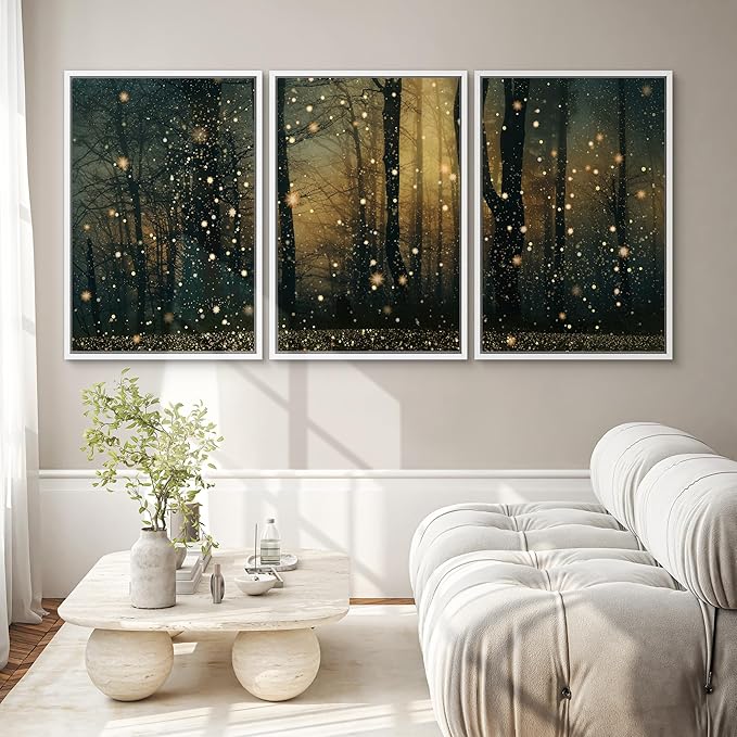 SIGNWIN Framed Wall Art Print Set Enchanted Forest with Fireflies Magical Night Woodland Photography Modern Art Closeup Relax/Calm Dark for Living Room, Bedroom, Office - 24"x36"x3 White