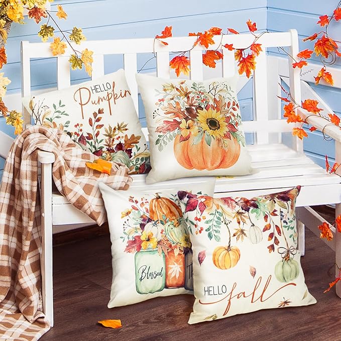 Hello Fall Pumpkin Pillows Decorative Throw Pillows Covers, 18x18 Inch Autumn Thankful Blessed Maple Leaf Harvest Floral Decorations for Sofa Couch Living Room Set of 4