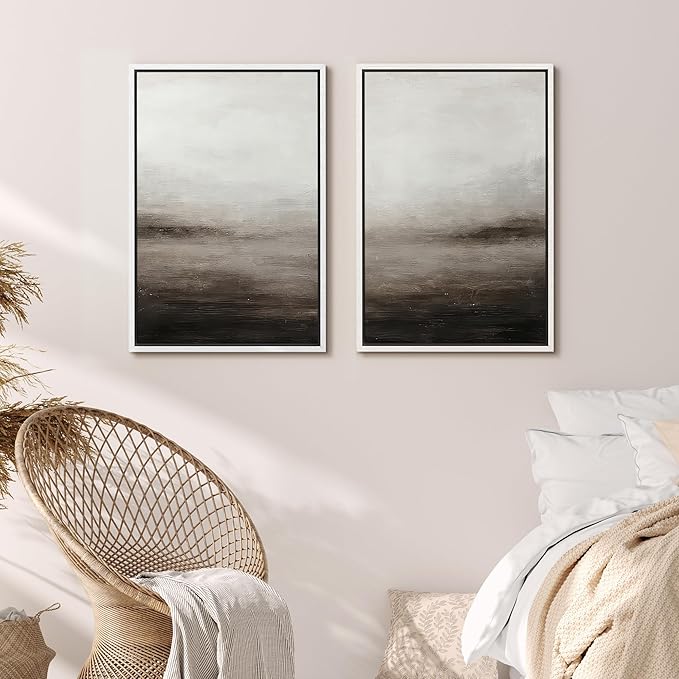 MUDECOR Framed Canvas Print Wall Art Neutral Abstract Modern Minimalist Landscape in Beige and Gray Illustrations Modern Art Decorative Bohemian for Living Room, Bedroom, Office - 24"x36"x2 White