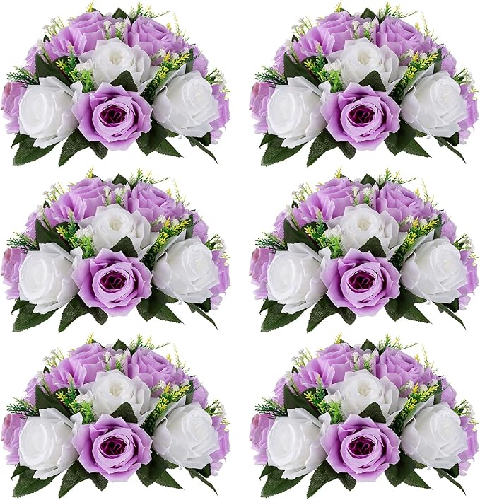 NUPTIO Flower Wedding Centrepieces for Tables - 6 Pcs 9.5in Diameter Lilac & White Artificial Flowers Rose Ball for Centerpieces Table - Fake Rose Arrangements for Weddings Birthday Party Decor