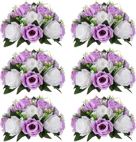 NUPTIO Flower Wedding Centrepieces for Tables - 6 Pcs 9.5in Diameter Lilac & White Artificial Flowers Rose Ball for Centerpieces Table - Fake Rose Arrangements for Weddings Birthday Party Decor