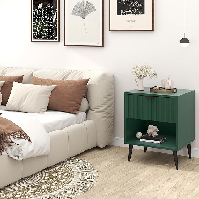 Fluted Nightstand, Natural Wood Nightstand with Drawer and Open Storage, Mid Century Fluted Side Table Modern Bedside Stand with Wood Veneer for Bedroom, Office, Green