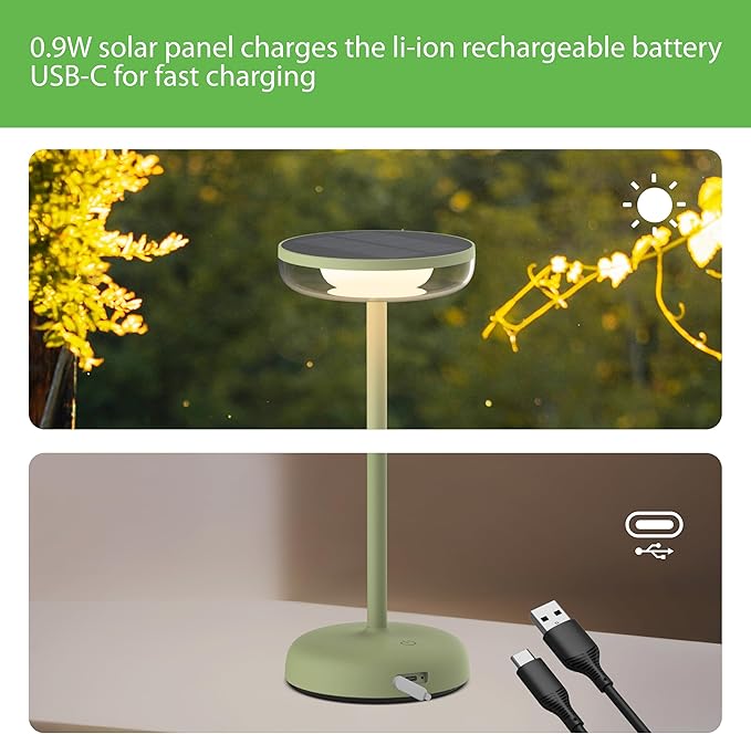 Cocktail Style Solar Table Lamp – Cordless LED Light with USB-C Charging, Dimmable Warm 2700K Glow, Weather Resistant for Indoor/Outdoor Use – Green, 1 Pack
