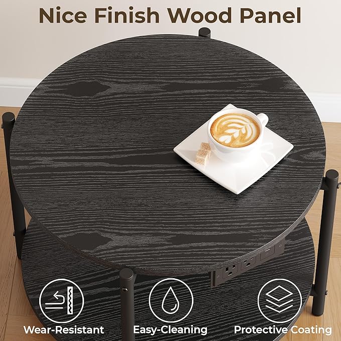 LIKIMIO Round End Table with Charging Station, 23.6" W Wooden Side Table with 2-Tier Storage, Modern Nightstand for Small Spaces, Living Room, Bedroom, Black