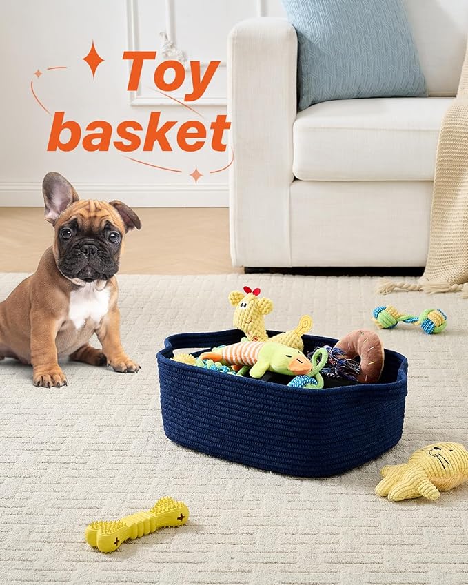KALLAX Small Woven Basket, 14 x 10 x 5.6 Inches, Small Storage Baskets for Organizing, Gift Baskets Empty, Cute Rope Shelf Closet Storage Bins for Shelves, Dog Toy Basket, Navy Blue