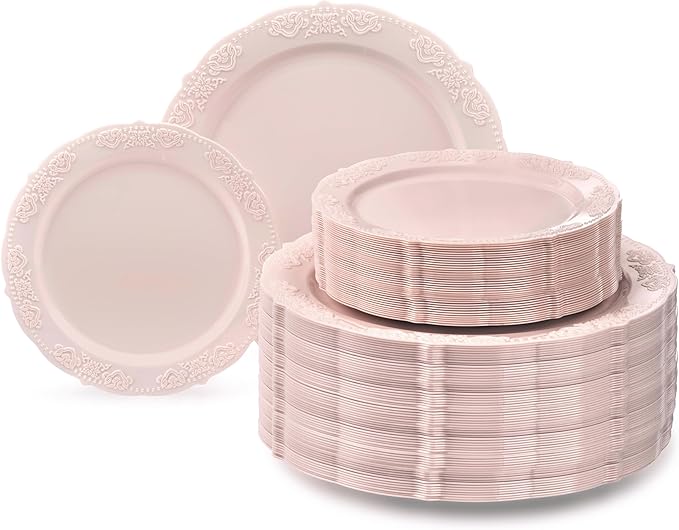 " OCCASIONS " 240 Plates Pack,(120 Guests) Vintage Wedding Party Disposable Plastic Plates Set-120x10.25'' Dinner +120x7.5'' Salad/Dessert Plate (Portofino Light Pink/Blush)