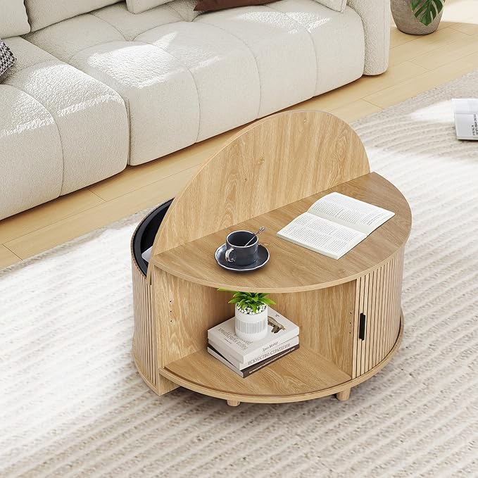 Round Coffee Table, Fluted Coffee Tables with Sliding Doors, Modern Circle Accent Center Table with Storage for Living Room, Apartment, Home Office (Natural)
