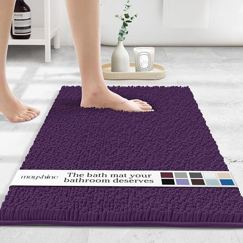 MAYSHINE Plush Shaggy Chenille Bath Mat | Extra Soft, Super Absorbent, Non-Slip Bathroom Rug | Fluffy Microfiber, Area Rug Sets for Bathroom Floor, Kitchen, Living Room | 24"x17" | Plum