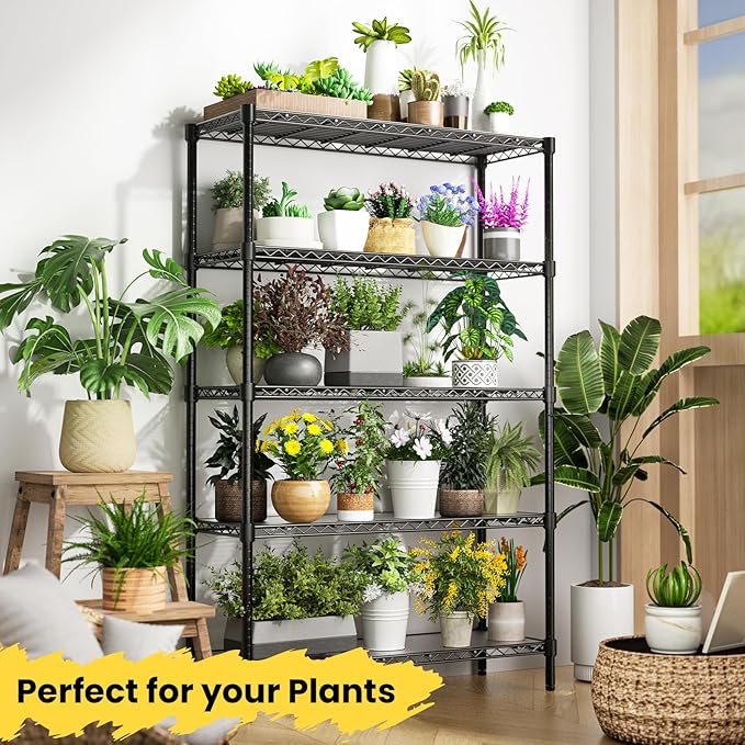 45" W Storage Shelves 5 Tier Wire Shelving with Shelf Liners, Adjustable Metal Garage Shelving, 1875LBS Heavy Duty Commercial Storage Rack for Pantry Kitchen, 45" W x 16" D x 72" H, Black