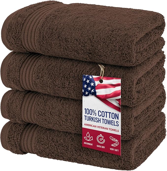 American Veteran Towel, Hand Towels for Bathroom Set of 4, 100% Cotton Turkish Hand Towel Sets Clearance Prime, Soft Drying Hand Face Towels, Brown Hand Towels