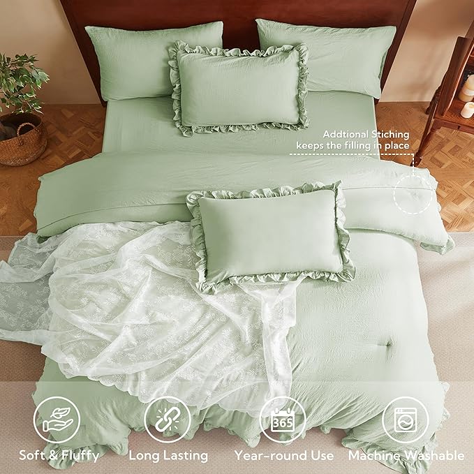 MR&HM Light Green Ruffle Comforter Set, Twin Comforter Sets for College Dorm,Boho Bed in a Bag Set 5 Pieces with 1 Comforter,1 Flat Sheet, 1 Fitted Sheet,1 Pillowcases & 1 Pillow Shams