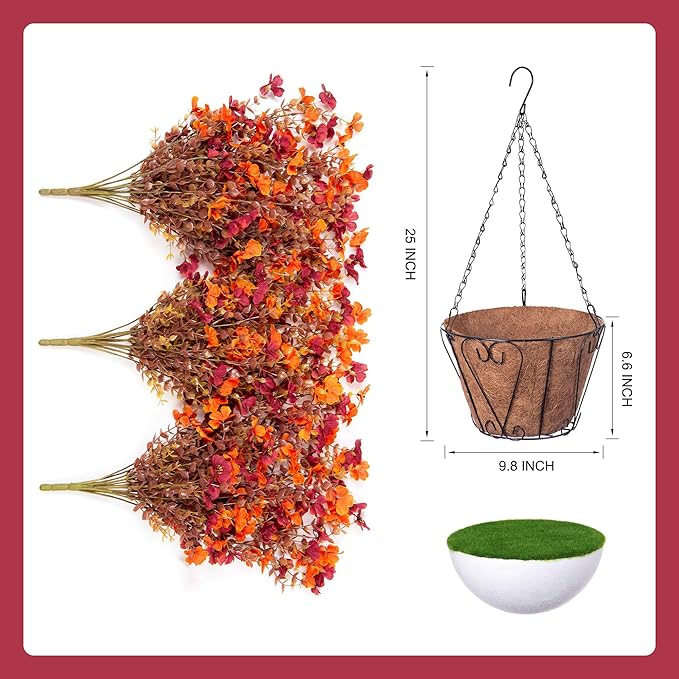 Artificial Fake Hanging Flowers Plants with Basket for Fall Outdoor Decor, Faux Silk Daisy Flowers in Planter Boxwood No Fade Fake Mums Flower for Farmhouse Home Garden Autumn Plants(Orange Brown)