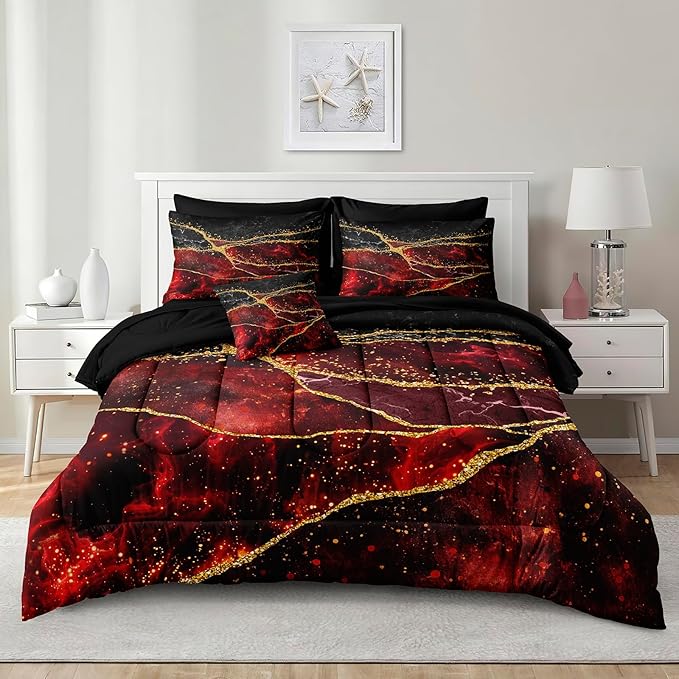 Bedorm Red Marble Comforter Set 6 Pcs Twin Size Bedding Set in A Bag Black Gold Marble Stone Texture Abstract Room Decor