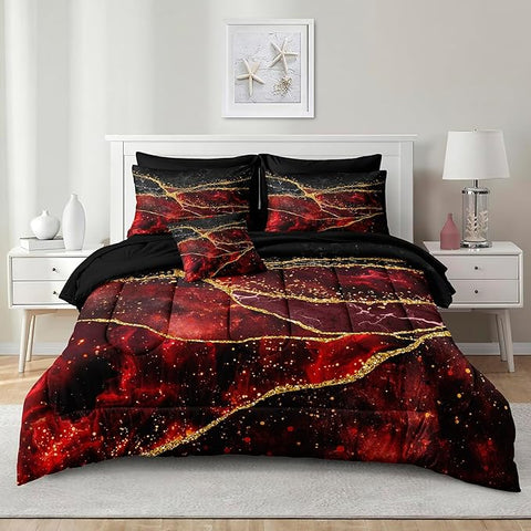 Bedorm Red Marble Comforter Set 6 Pcs Twin Size Bedding Set in A Bag Black Gold Marble Stone Texture Abstract Room Decor