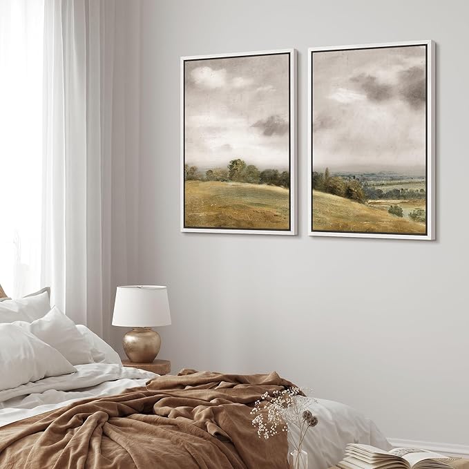 MUDECOR Framed Canvas Print Wall Art Gentle Hills and Distant Storm Tranquil Pastoral Nature Wilderness Illustrations Realism Decorative Scenic for Living Room, Bedroom, Office - 16"x24"x2 White