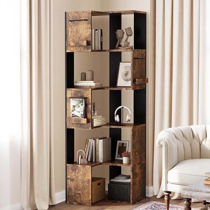 PPAMAPIC 5 Tier Corner Bookshelf, 63" Tall L Shaped Bookcase, Corner Cabinet, Wood Grain Shelf Display Rack for Kitchen, Bedroom, Living Room (Brown)