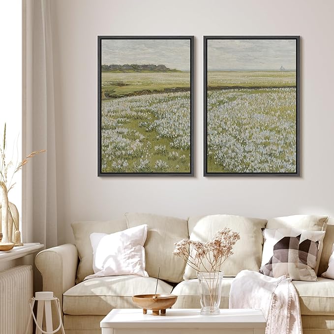 MUDECOR Framed Canvas Print Wall Art Fields of White Flowers Serene Nature for Home Decor Nature Wilderness Illustrations Realism Decorative Scenic for Living Room, Bedroom, Office - 16"x24"x2 Black