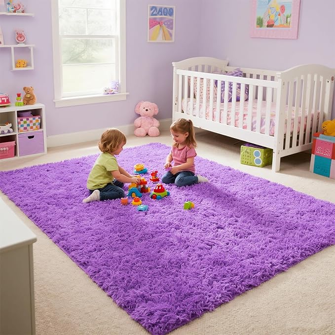 Purple Area Rugs for Girls Bedroom Living Room, 4x6 Fluffy Fuzzy Shaggy Carpet for Kids Playroom Nursery, Thick Soft Plush Mat for Kids Baby Boys Teen Dorm Home Decor Aesthetic
