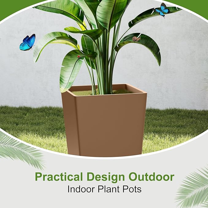 24-Inch Tall Planters Set of 2 for Outdoor and Indoor Use,Tapered Flower Pots with Drainage Tray, Front Porch and Patio Decor,Ideal for Large Plants (Brown)