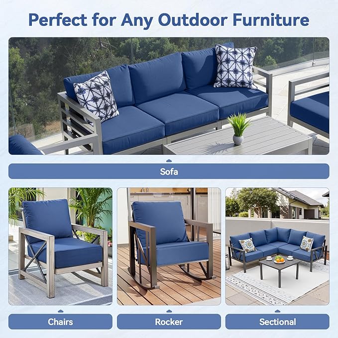 Luxury 6" Outdoor Cushions for Patio Furniture, 24x24x6 Thick Seat Cushion Set of 7, Fade Resistant Couch Chair Replacement Cushions High Density Deep Wicker Chair Cushion w/Removable Cover, Blue
