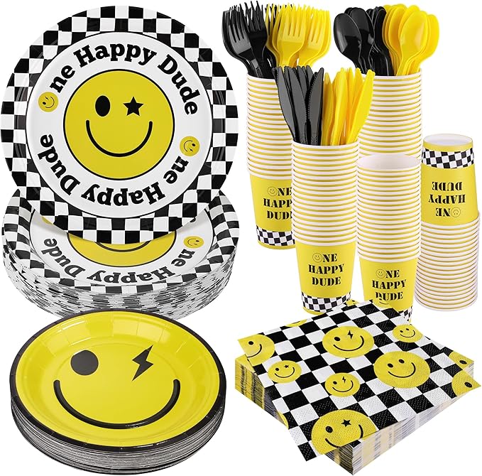 400 Pieces One Happy Dude Disposable Party Tableware Sets Including Plates Cups Napkins Cutlery Serves 50 for Smiley Party 1st Birthday Preppy Party Decorations