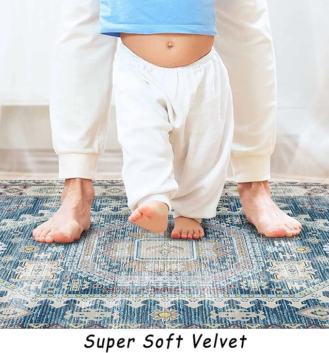 vivorug Blue 5x7 Area Rugs - Ultra-Thin Washable Rug with Non-Slip Backing, Ideal for Living Room, Bedroom, Dining Room Indoor - Vintage, Easy Clean, Durable, Low Pile Rug