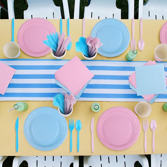 durony 216 Pieces Baby Gender Reveal Party Tableware Set Serves 24 Guests Pink Blue Paper Plates Boy or Girl Gender Reveal Plates Napkins Paper Cup Cutlery for 1st Birthday and Baby Shower Decorations