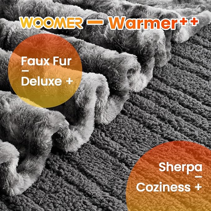 WOOMER Heated Blanket King Size, Dual Control, Electric Blanket 90"x 100", Double-Sided Faux Fur&Sherpa, Overheat Protection, 10 Heating Levels & 12H Auto Off, CPF, Home Office