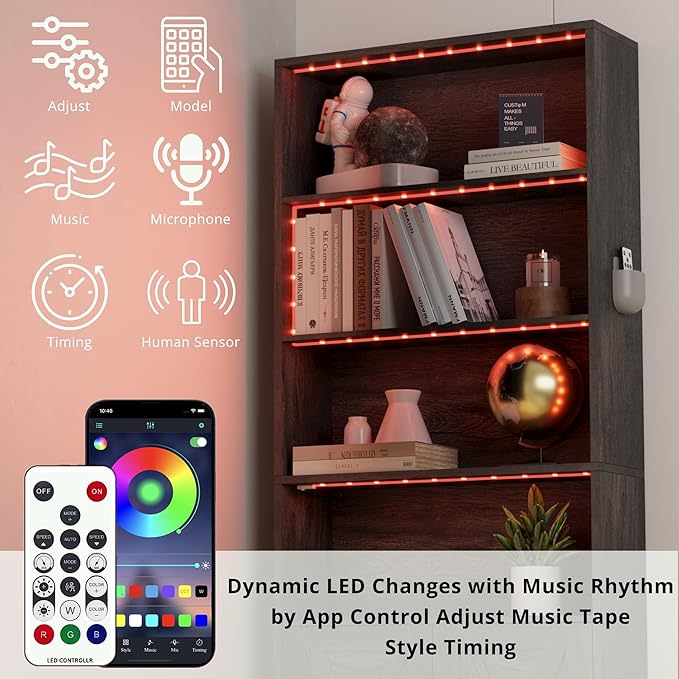 IRONCK Tall Bookcase with LED Lights, 70 in Industrial Bookshelf Display Shelf Floor Standing for Home Office, Living Room, Bed Room