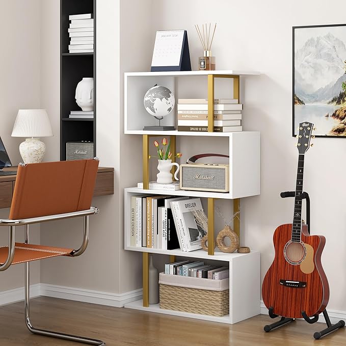 Yusong Geometric Bookcase, S Shaped Bookshelf 4-Tier Book Shelves for Bedroom, Modern Wood Decorative Display Shelf Tall Book Case for Home Office, Gold and White