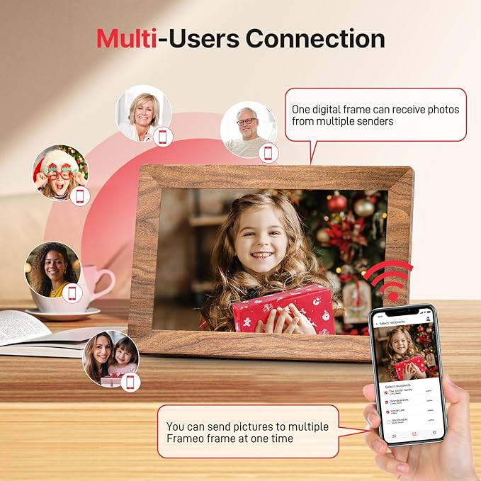 Frameo 10.1" Digital Picture Frame, Smart WiFi Digital Photo Frame with 1280x800 HD IPS Touch Screen 32GB Memory Auto-Rotate Wall Mounted, Share Photos/Videos from Phone Anywhere(Brown Wood)