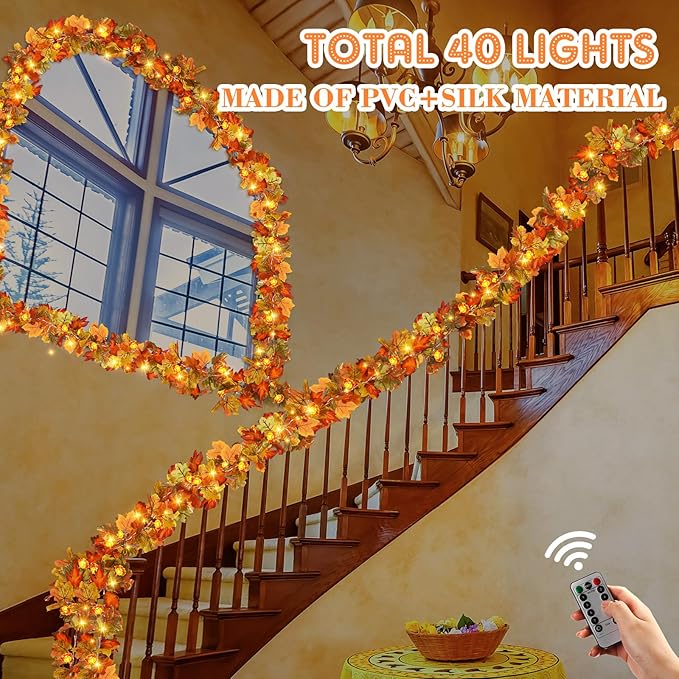 VIHOSE 2 Pack Thanksgiving Maple Leaves Garland Fall Decor 11.5 ft 40 LED with Pumpkin Lights Battery Operated and Timer Remote for Home Thanksgiving Halloween Decor(Orange Green)