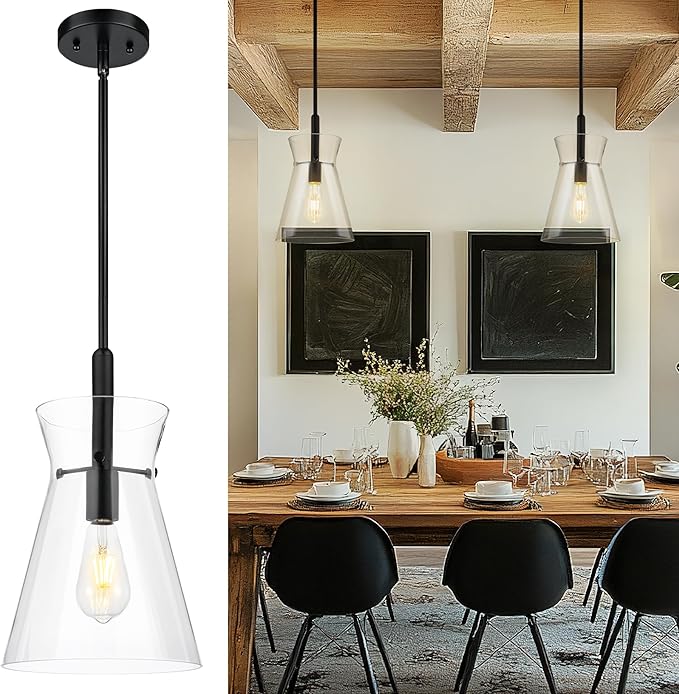 Emak Black Pendant Lights Kitchen Island, Modern 9 Inch Large Clear Glass Pendant Light, Farmhouse Hanging Lights for Kitchen, Dining Room, PL130-BK-CG