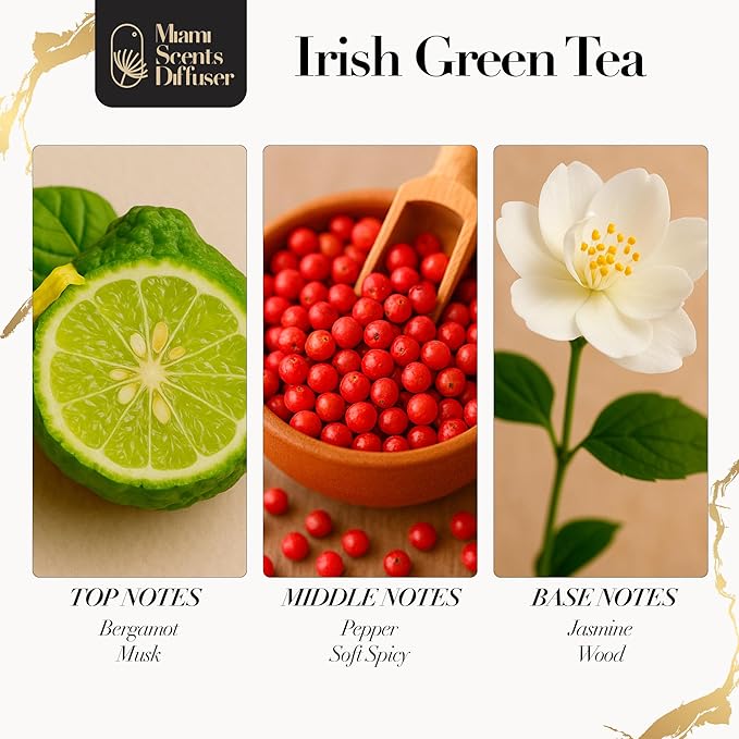 Irish Green Tea Scent Inspired by Mandarin Oriental NY Hotel 4 Fl Oz - 120 ml Essential Oils Aroma for Home Diffuser Luxury Fragance Refill Aromatherapy Fresh Blend of Bergamot, Pepper, Musk & Jasmine