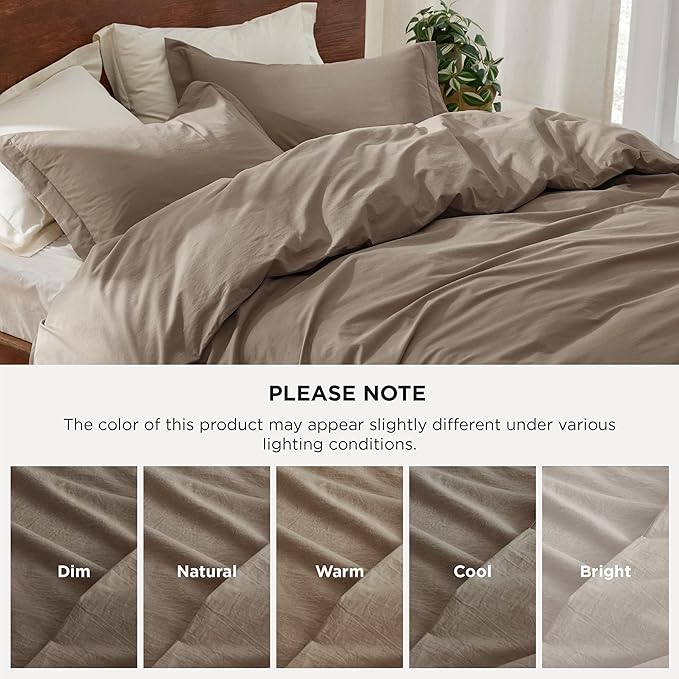 Bedsure 100% Washed Cotton Duvet Cover Oversized Queen - Muted Brown Minimalist Duvet Cover Linen Like - GentleSoft™ Plain Simple Bedding, 3 Pieces (Muted Brown, Oversized Queen, 98"x98")