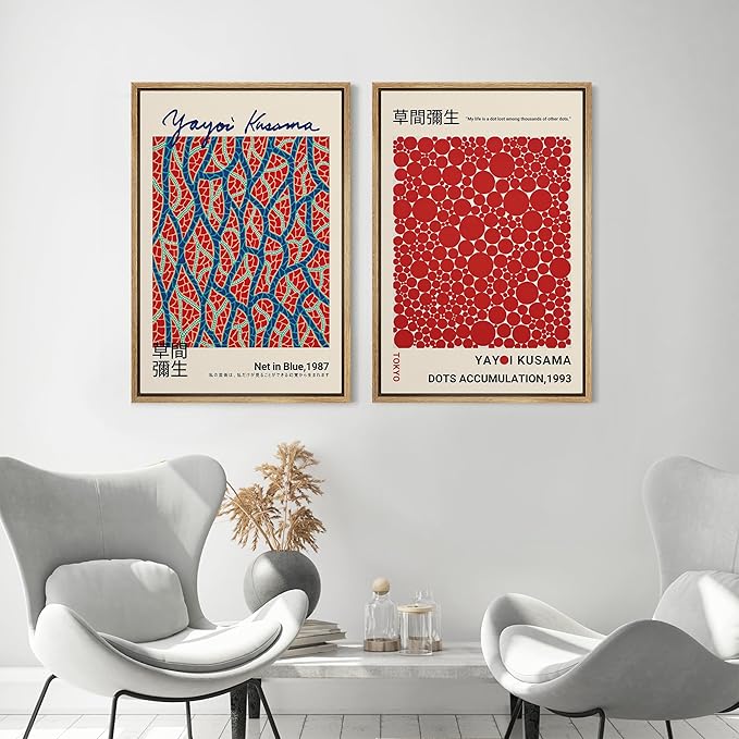 MUDECOR Framed Canvas Print Wall Art Blue Red Dots by Yayoi Kusama Japanese Nature Illustration Modern Art Decorative Multicolor Geometric Minimal for Bedroom - 16"x24"x2 Natural