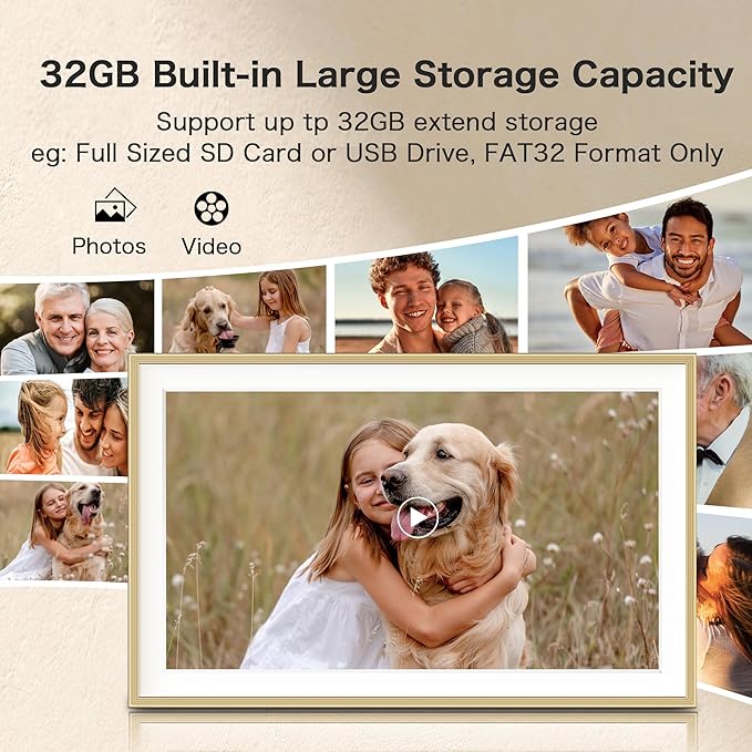 Digital Picture Frame, 15.6 inch Large Digital Photo Frame WiFi, 32GB Capacity, 1920 * 1080 IPS FHD Touch Screen, Electronic Frame Slideshow, Tabletop&Wall-Mounted, Gifts for Mom, Women, Golden
