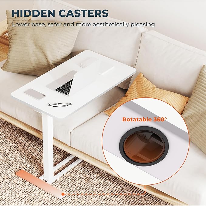 Medical Overbed Adjustable Bedside Table with Hidden Casters, Mobile Pneumatic Rolling Laptop Standing Desk with Tray for Home & Hospital Use, White Table Top + White Edging