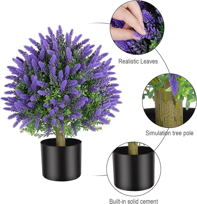 Artificial Topiaries Lavender Ball Trees 2 Pack - 21.6 Inch Tall Faux Plants Indoor Potted Bushes - Faux Boxwoods Plants for Outdoor Indoor Garden Front Porch Home